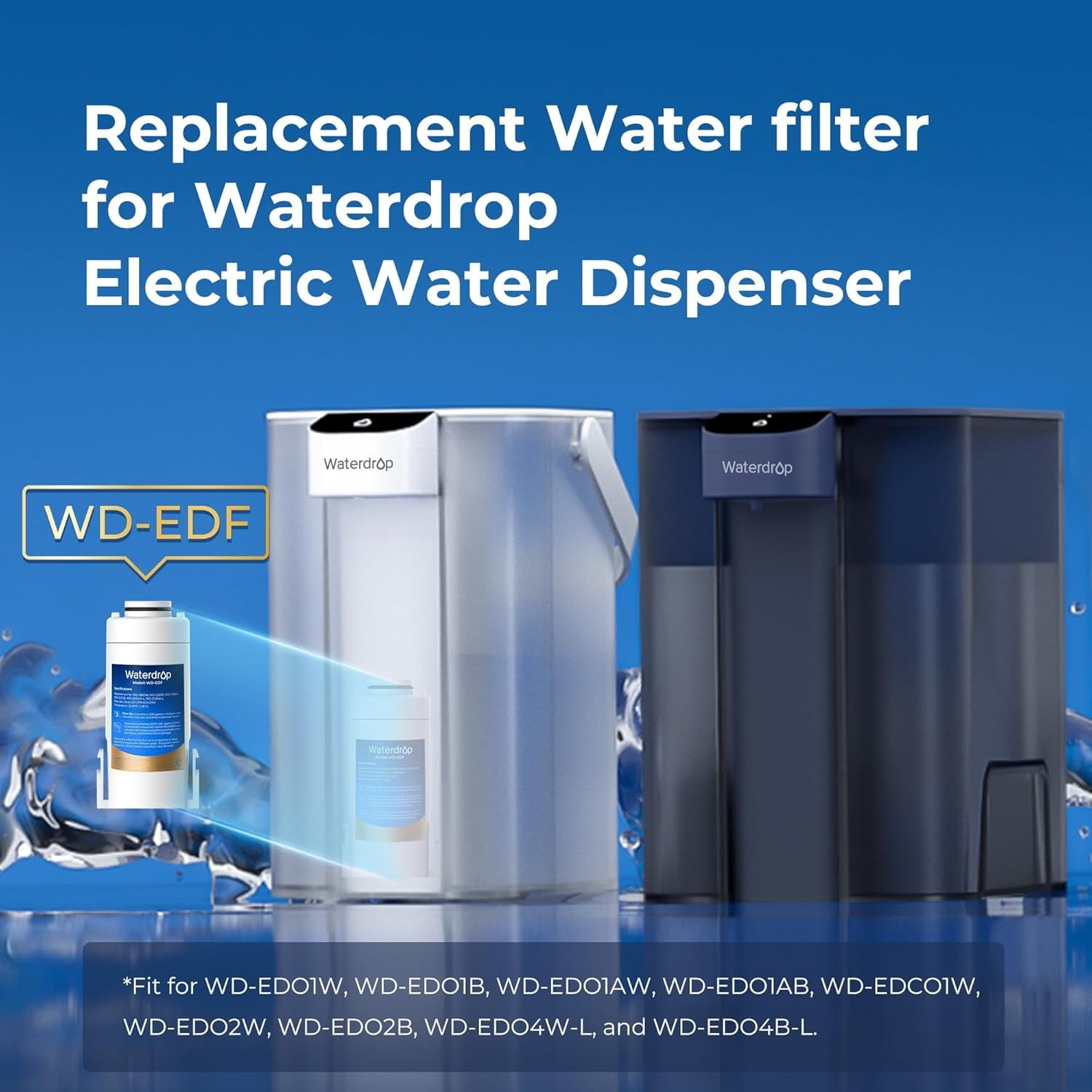 Waterdrop WD-EDF Replacement Filters for Waterdrop Electirc Water Filter Pitcher WD-ED01/ED02/ED04/ED01AEDC01/, 3 Months or 200 Gallons, NSF/ANSI 401&53&42, 3 Filters