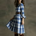 thumbnail image 6 of Gamivast Plaid Dress for Women Elegant Midi Dress Round Neck Flare Sleeve Vintage Dress Belted Plaid Pattern Pleated Hem Daily Office Party, 6 of 7