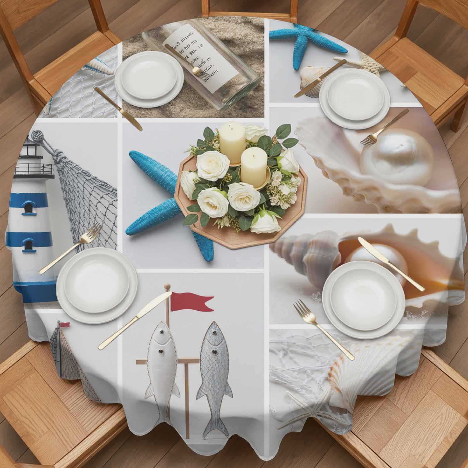Round Tablecloth Coastal Beach Themed Waterproof Oil Proof Polyester Table Cloth Cover Decor for Home Dining Outdoor,Patio,Parties, 60" Dia. Summer Ocean Starfish Shell Boat