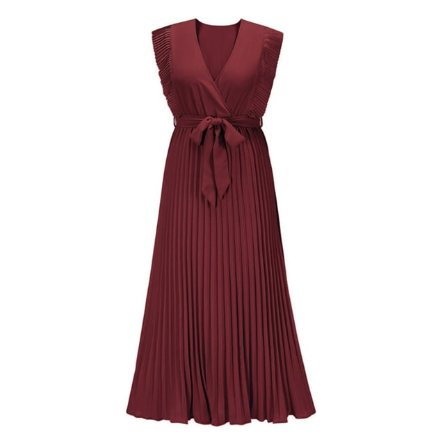 Vestido de playa plisado de gasa para mujer - Manga con volantes, corte ajustado, color liso, tallas S-XXL, para fiestas de verano/bodas, largo 140 cm