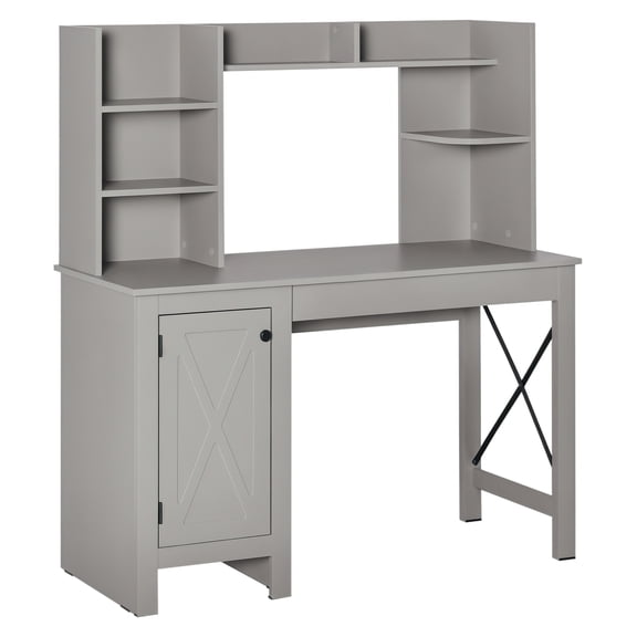 Computer Desk with Hutch & Storage, Home Office Desk with Cabinet, Light Grey - Farmhouse Style, 47.25" Wide