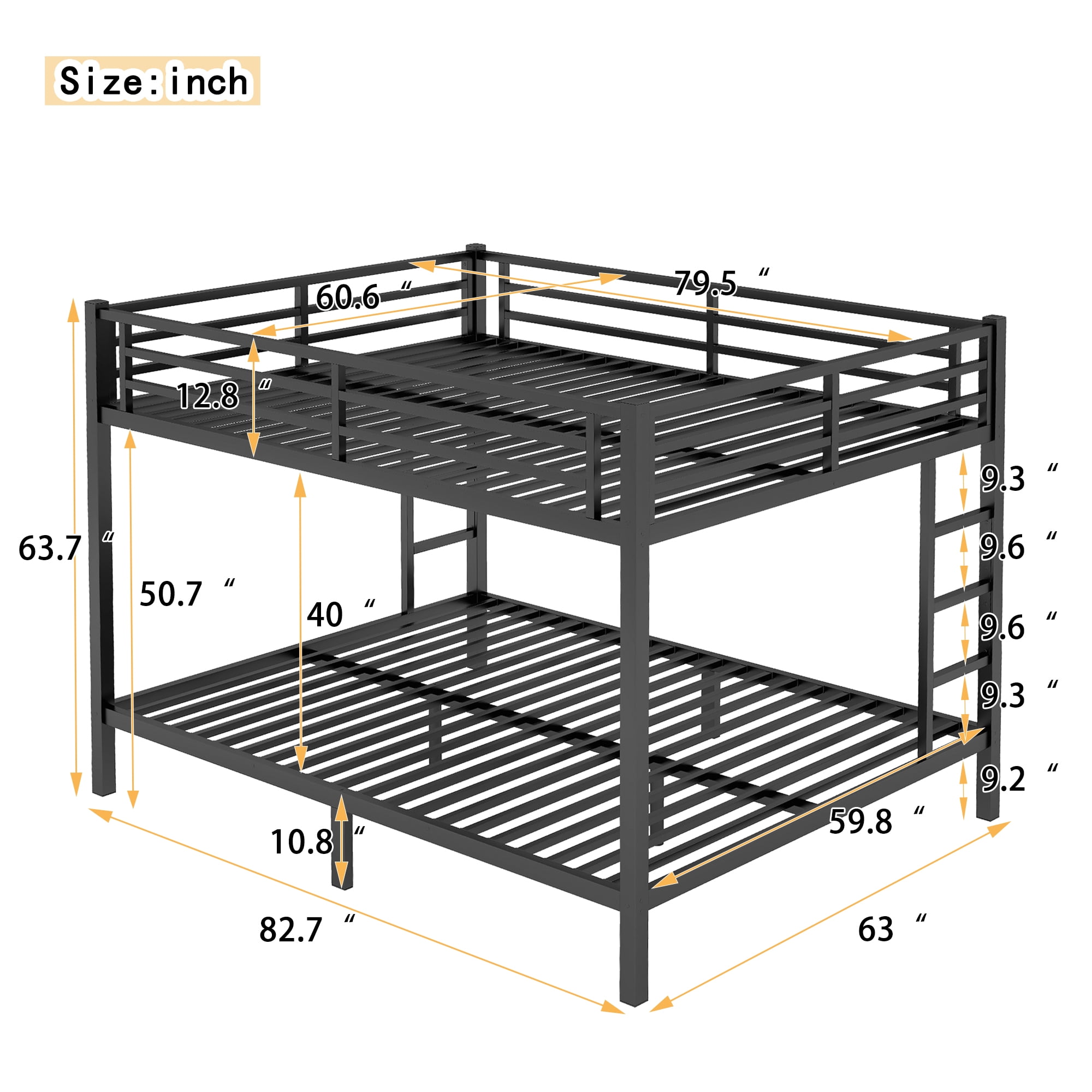 Queen Over Queen Bunk Bed Frame, Heavy Duty Metal Bunk Beds with with 2 Side Ladders, Industrial Style Queen Size Bunk Bed for Bedroom-Black