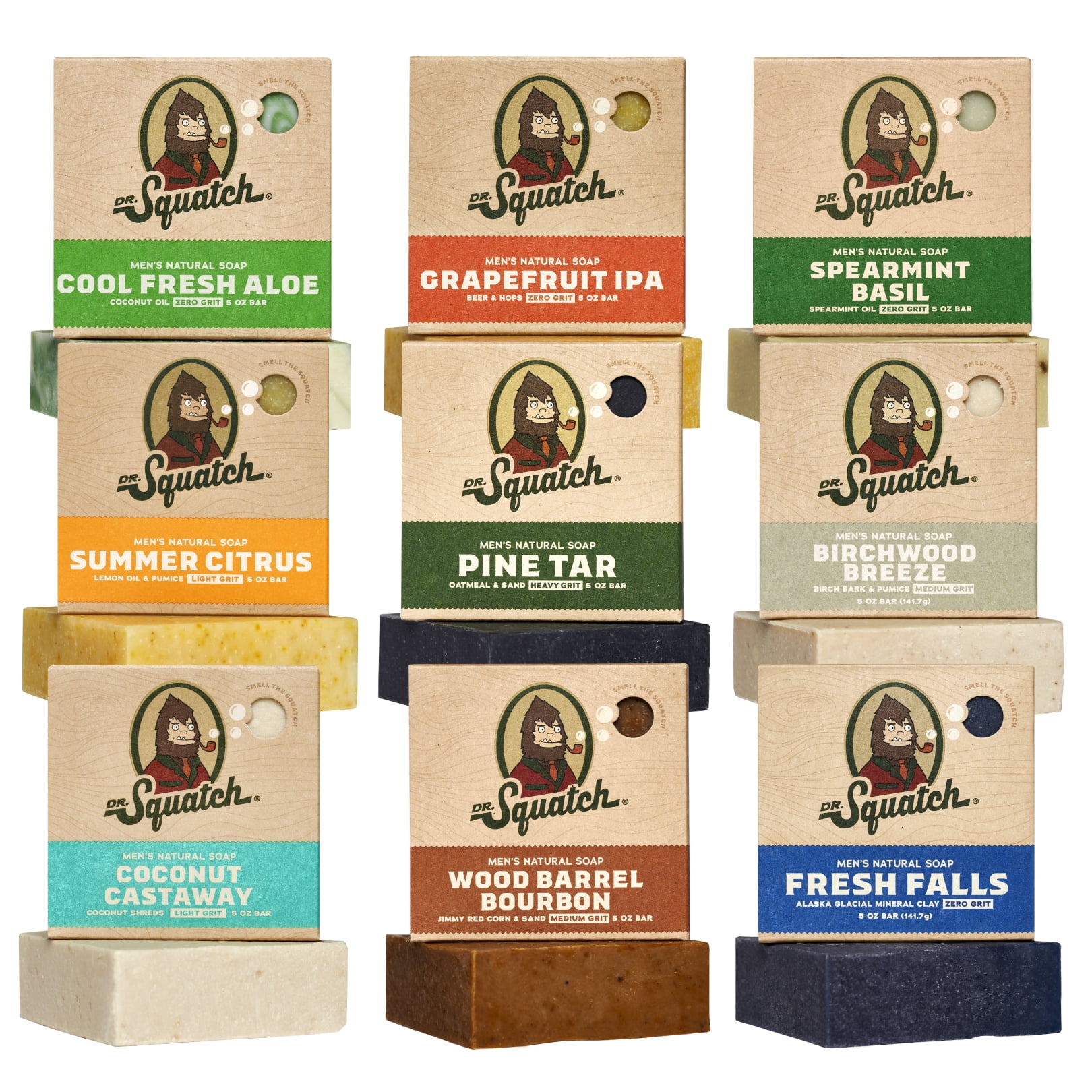 Dr. Squatch Bar Soap for Men - Cold Process, No Harsh Chemicals - Fresh Falls, Birchwood Breeze, Pine Tar, Coconut Castaway, and more (5 oz, 9 Pack)