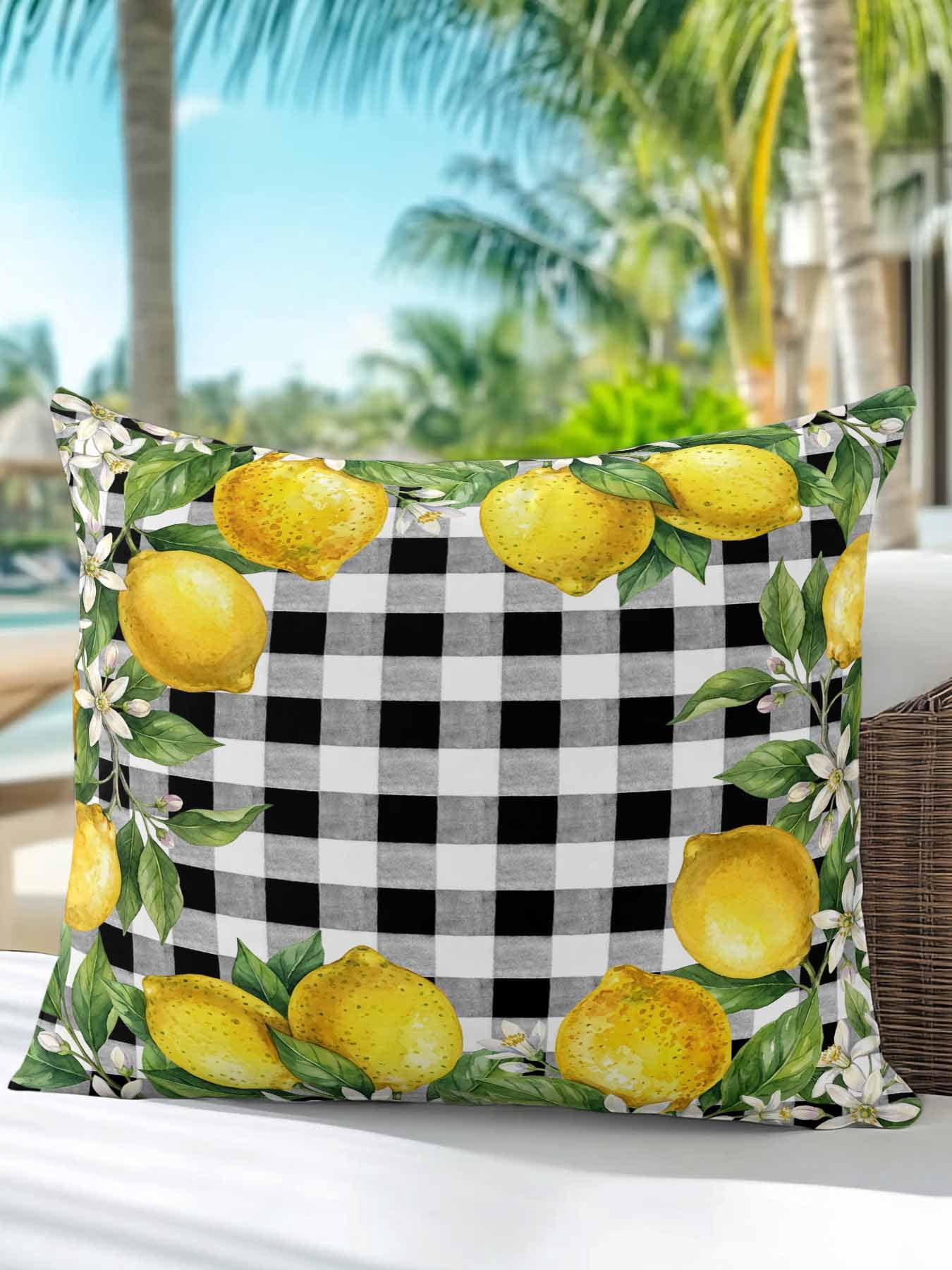 1 Pack Outdoor Pillows Waterproof, Summer Lemons Indoor/Outdoor Throw Pillows with Inserts, Fruits White Flowers Farmhouse Plaid Decorative Pillow for Patio Furniture Chairs Couch