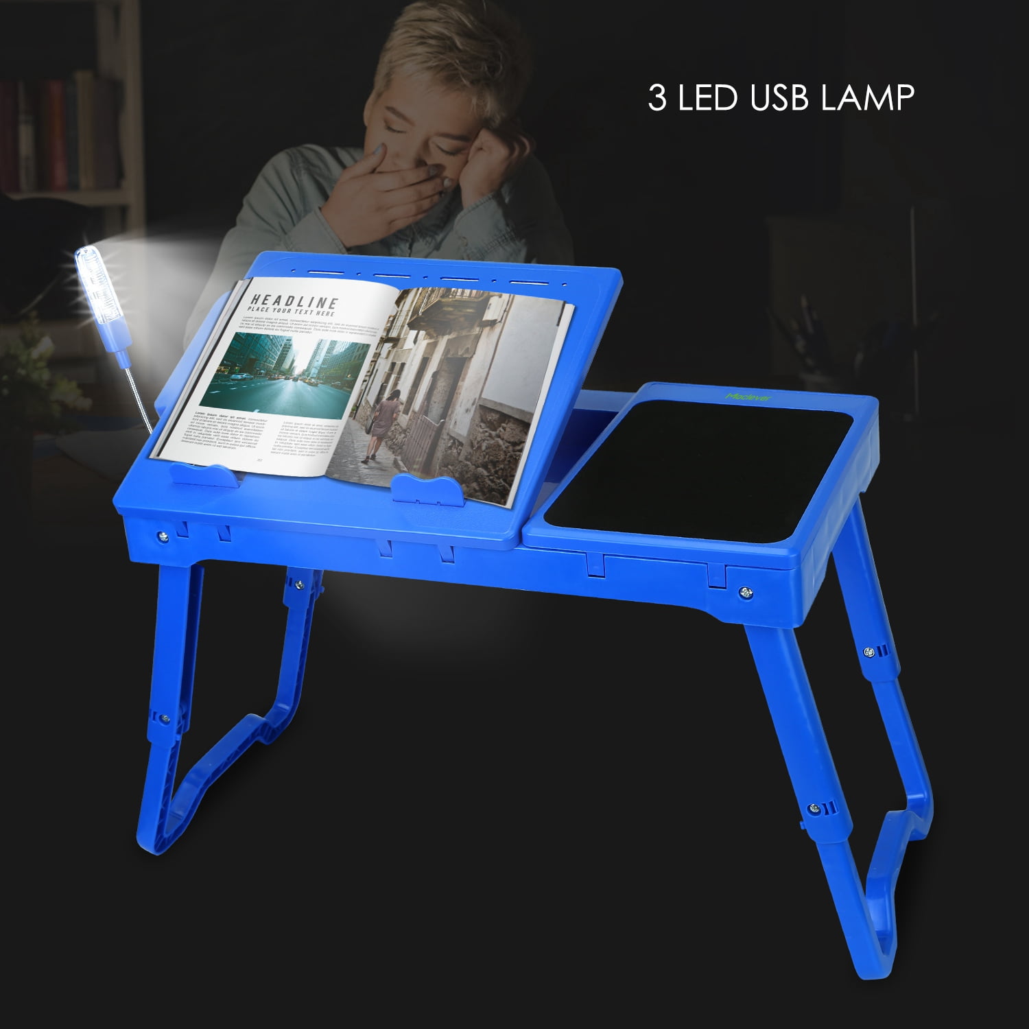 Moclever Foldable Laptop Table Notebook Desk Cooling Fan Mouse Board LED 4 x USB Ports Storage For Home Office Blue