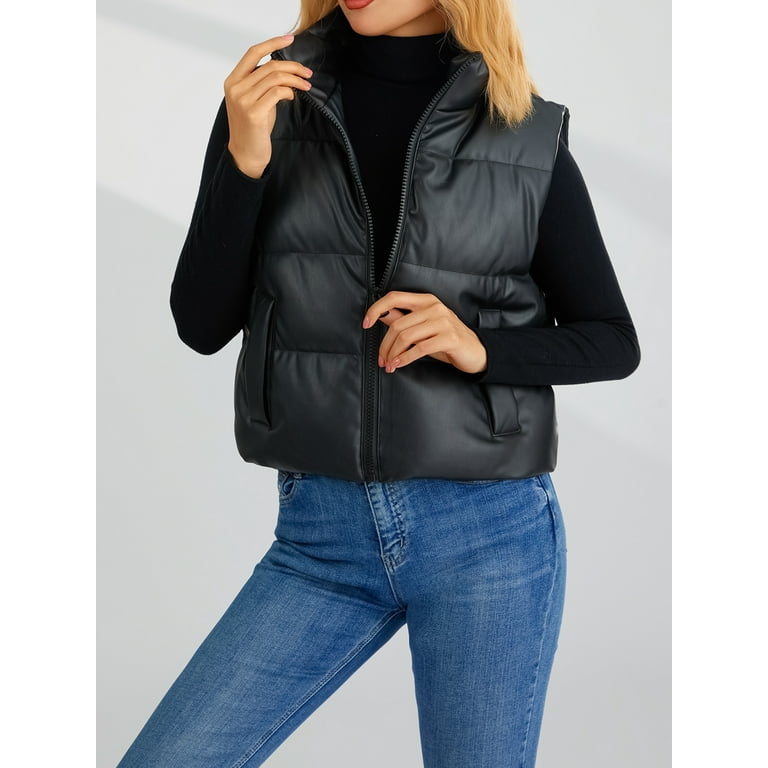 Women PU Leather Puffer Vest Sleeveless Stand Collar Zip Up Quilted  Lightweight Crop Jacket Padded Gilet Outerwear Waistcoat