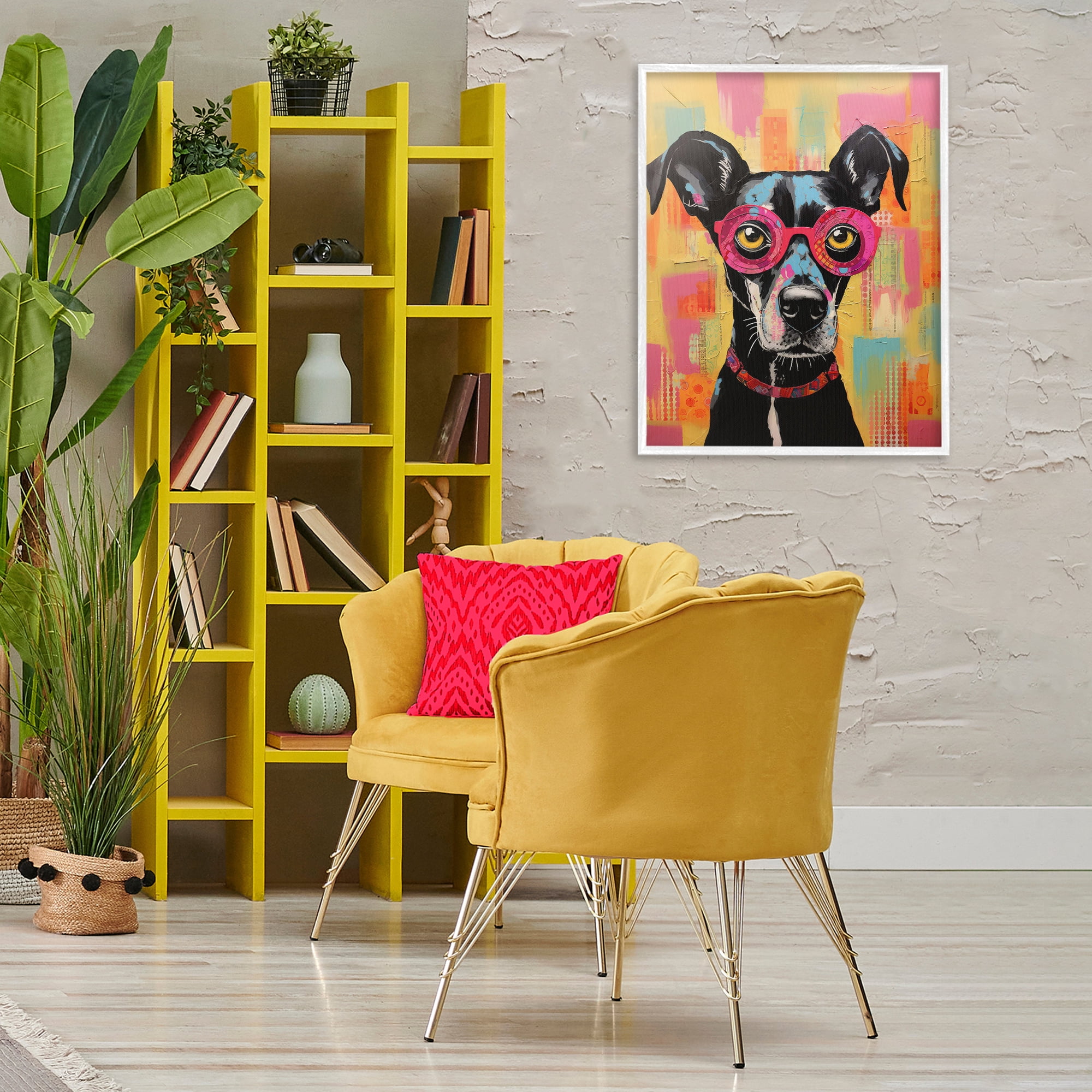 Stupell Industries Dog with Fun Glasses Animals Painting White Framed Art Print Wall Art, 24 x 30