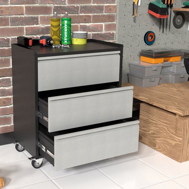 3 Drawer Rolling Metal Storage Cabinet Black/Grey for Garage Utility Room 3  Drawers