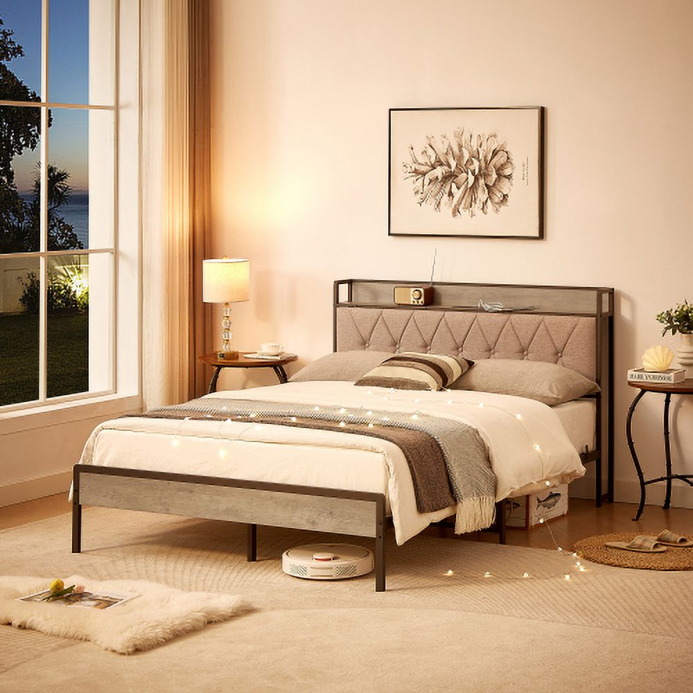 BSHTI Bed Frame with Charging Station Full Size, Grey, 83.1'' L x 56.1'' W x 39.2'' H.