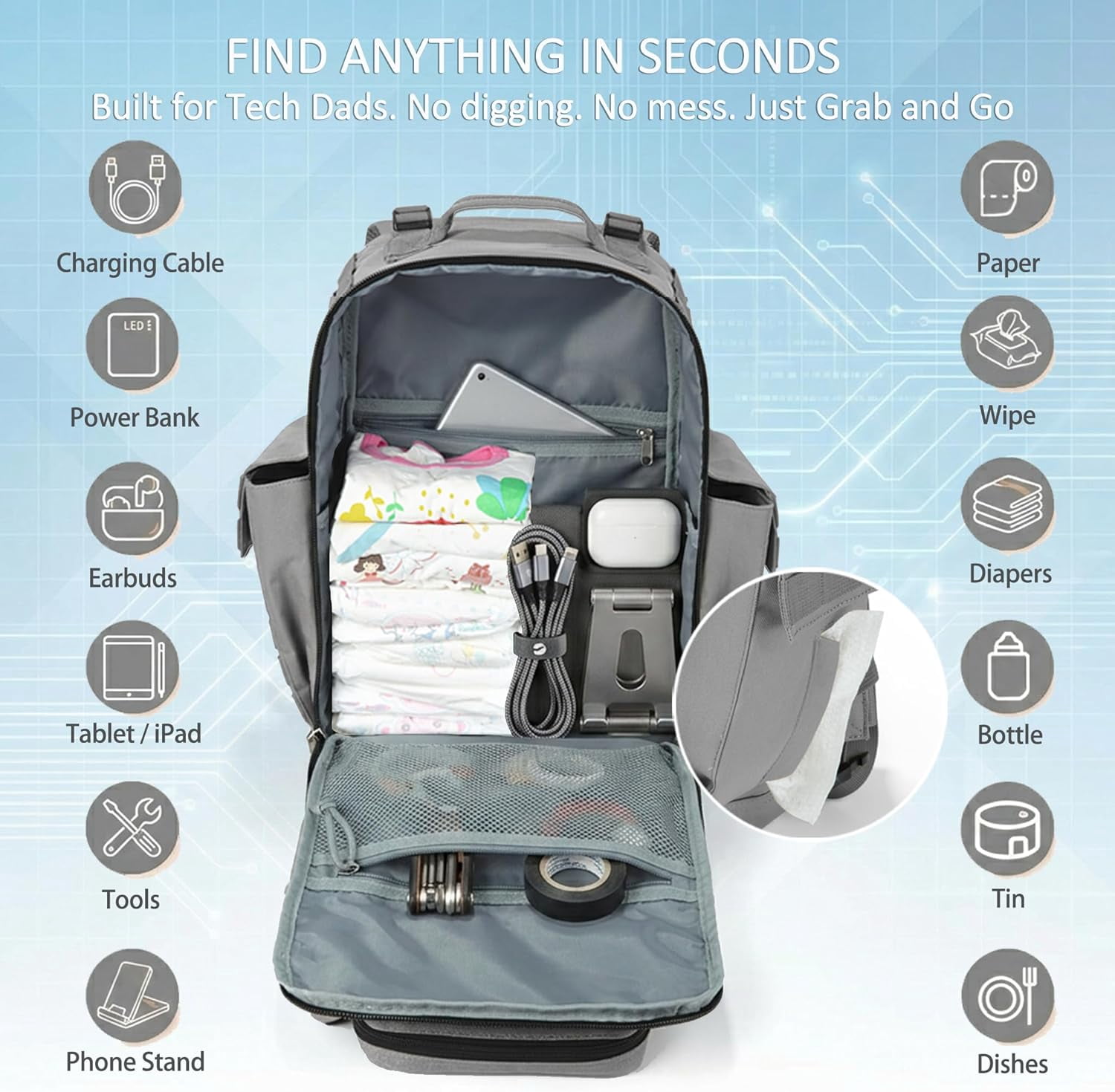 SHARKMOUTH Military Diaper Bag for Tech-Dads: 40L Large Capacity with 15.6" Laptop Sleeve/Insulated Pockets - 900D Polyester with MOLLE System for Business Travel/WFH/Commute (Grey)