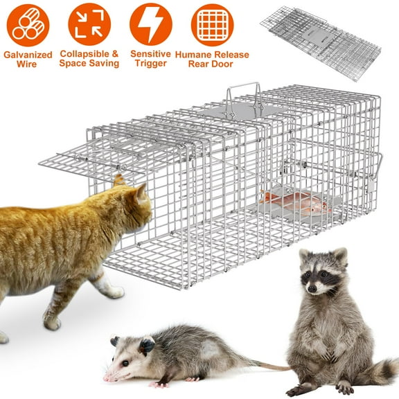 Moclever Humane Cage Trap, Collapsible Galvanized Wire Catch Release Live Animal Rodent Cage for Raccoons Beavers Foxes, 30.51x11.02x11.81in