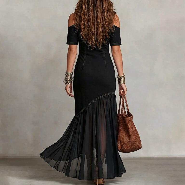 cold shoulder midi dress for wedding guest Chiffon Spaghetti Strap Cold Shoulder Tea Length Wedding Guest Dress