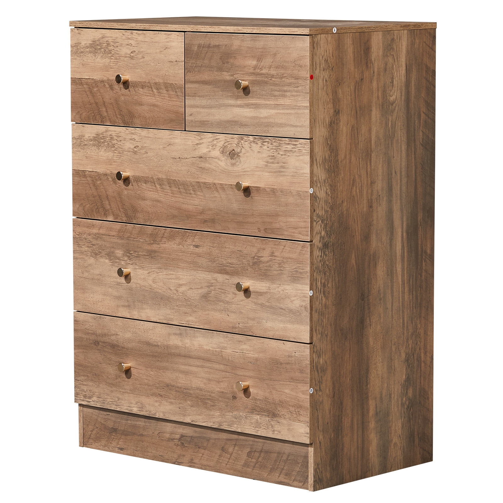 5-Drawer Storage Cabinet, Grey Linen-textured Melamine Particle Board Cabinet with Matte Gold Handles, 3+2 Drawer Organizer for Bedroom Office Living Room