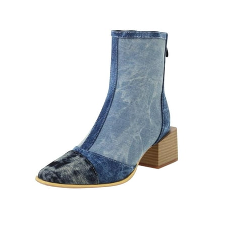 

Winter Savings Clearance Deals 2022! Hvyes Women s Midrange Winter Leather Stitching Square With Fleece Patchwork Back Zipper Rider s Boot