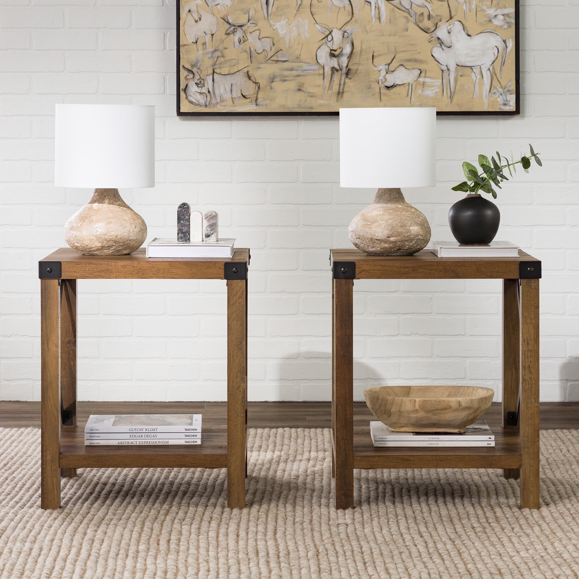 Walker Edison Farmhouse Open Storage Side Table, Set of 2, Reclaimed Barnwood
