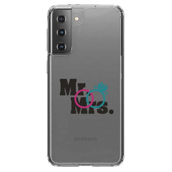 DistinctInk Clear Shockproof Hybrid Case for Galaxy S21 5G (6.2" Screen) - TPU Bumper Acrylic Back Tempered Glass Screen Protector - Mr. & Mrs. Wedding Rings