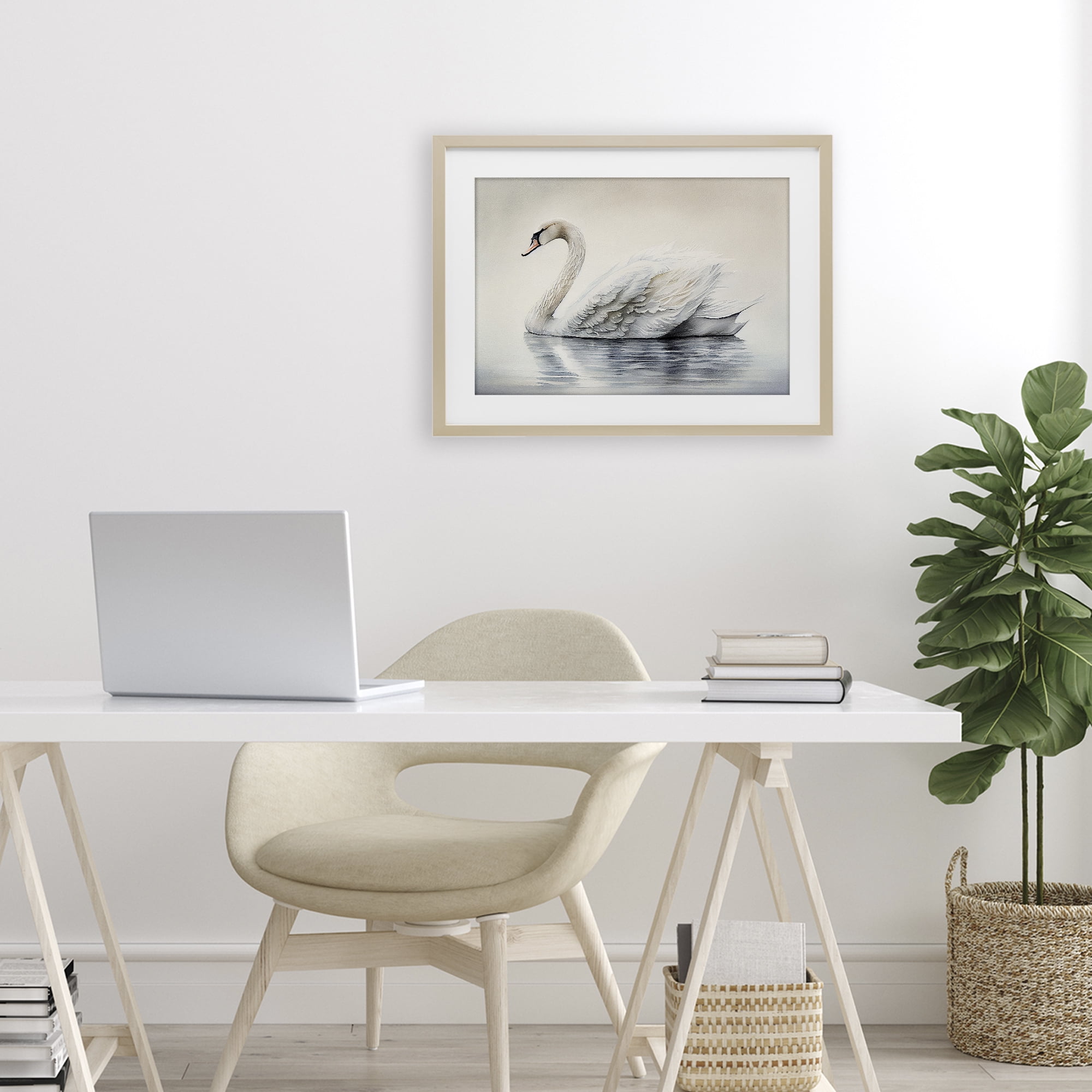 Elegant Floating Swan Birch Framed Print Under Glass, design by Sasha