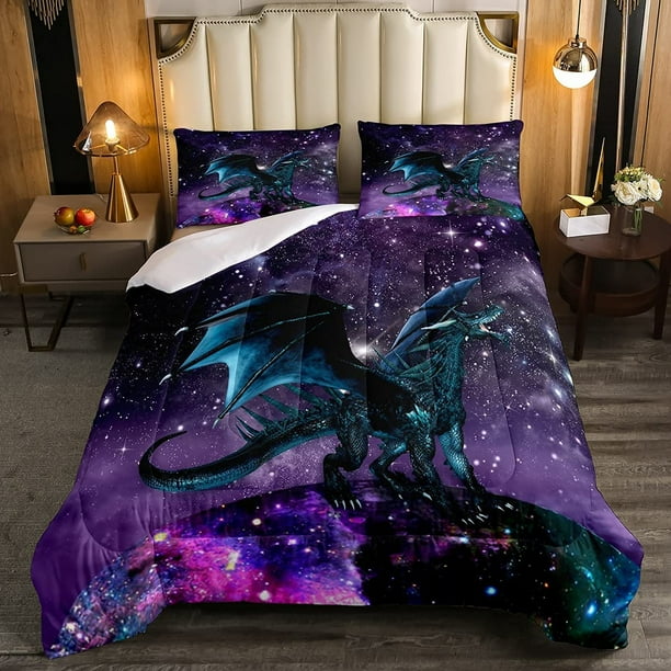 Yst Dragon Bedding Set Purple Nebula Comforter Set Twin Size Mysterious Outer Space Duvet Set 