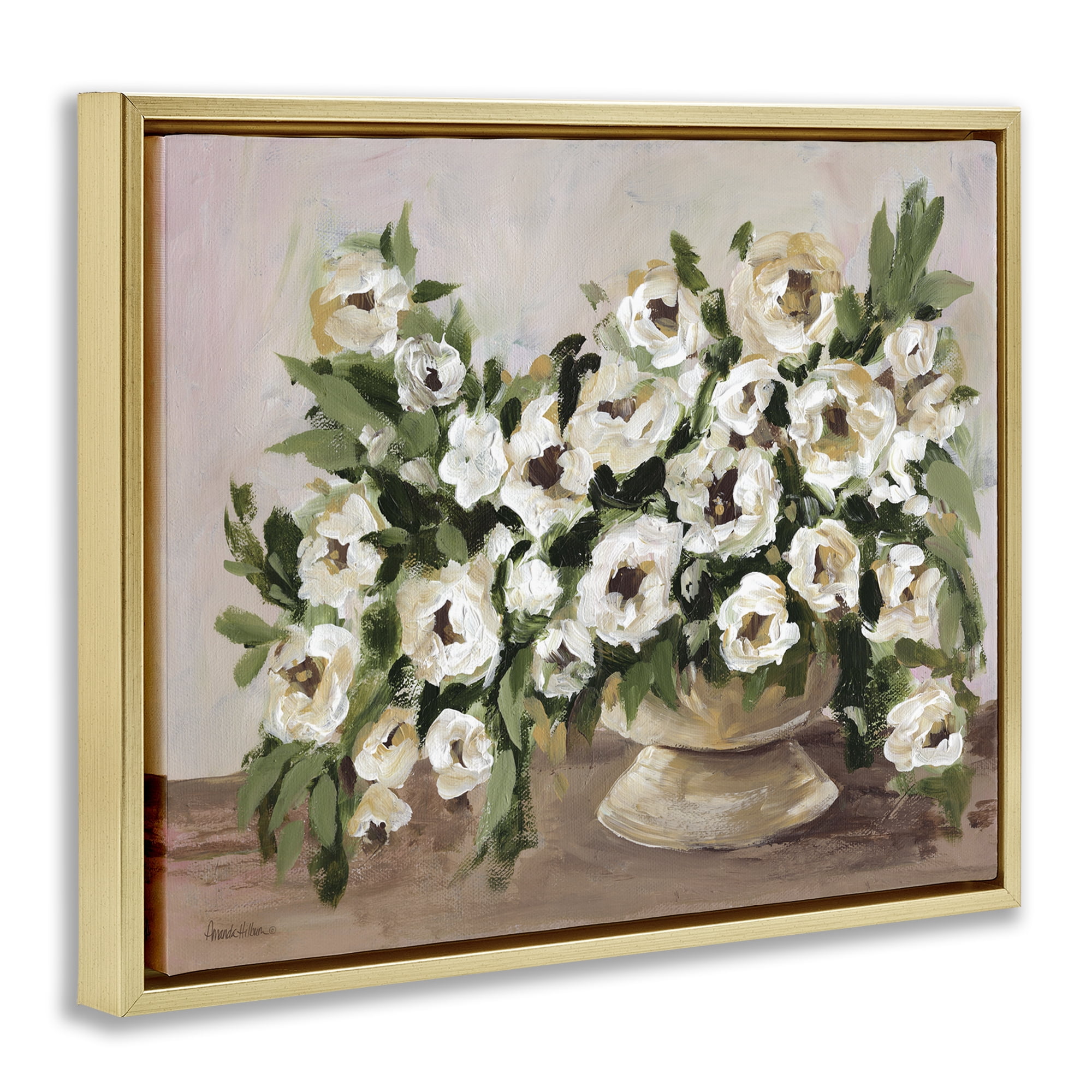 Stupell Industries Traditional Beige Flowers Plants & Flowers Painting Gold Floater Framed Canvas Art Print Wall Art, 21 x 17