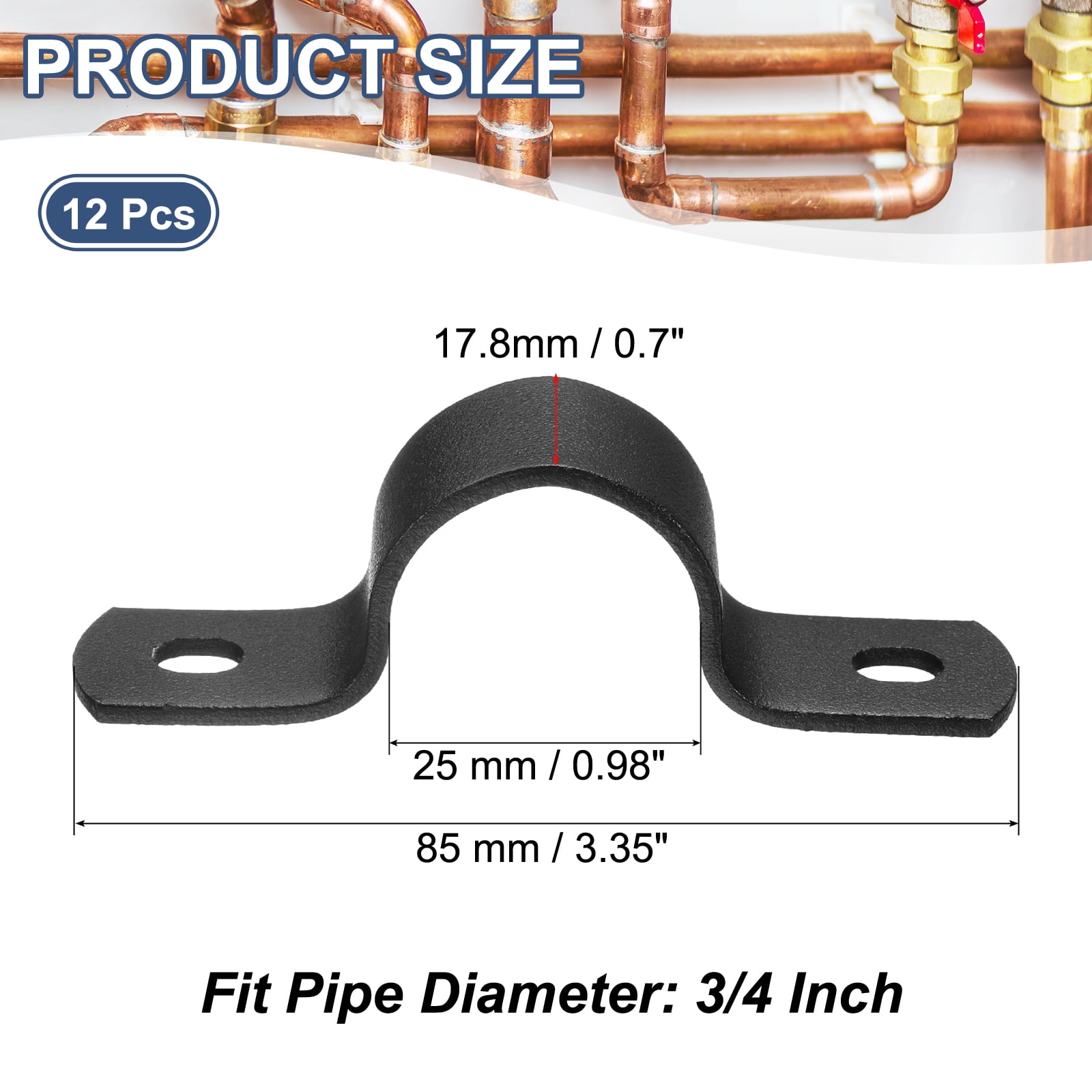 12Pack Metal Pipe Clamps, 3/4 Inch Carbon Steel Two Hole Strap U Bracket Tube Clip Conduit Clamps for Pipe Fixing Wire Cord Installation Decorating, Black