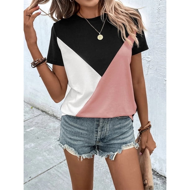 Camiseta de cuello redondo con contraste de Color para mujer, camisetas holgadas para mujer, Tops informales para diario, ropa de calle de tendencia 2023