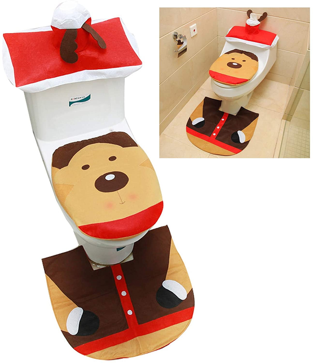 Universal Christmas Xmas 3D Santa Farther Elf Toilet Seat Cover Pedestal Mat Set 