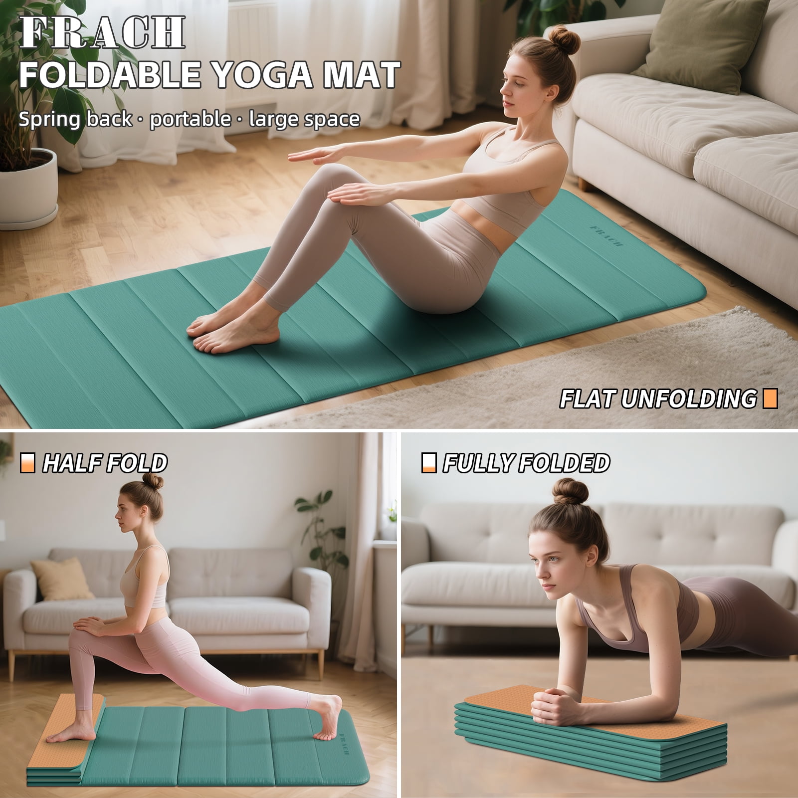 Frach Foldable Yoga Mat Extra Long 75",0.4" Thick Exercise Mat,Muti-fundctional,High-Density for Gym and Travel,Indoor and Outdoor(Green+Orange)
