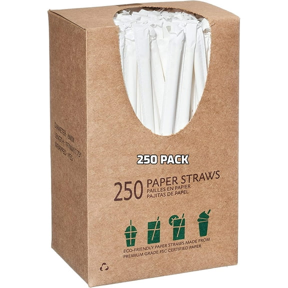 [250 PACK] Wrapped Disposable Paper Drinking Straws White 7.75 Inches - Compostable, Biodegradable, Earth Friendly Straws, Premium Wrapped Paper Straws for Restaurants, Smoothies, Juice, Cocktail