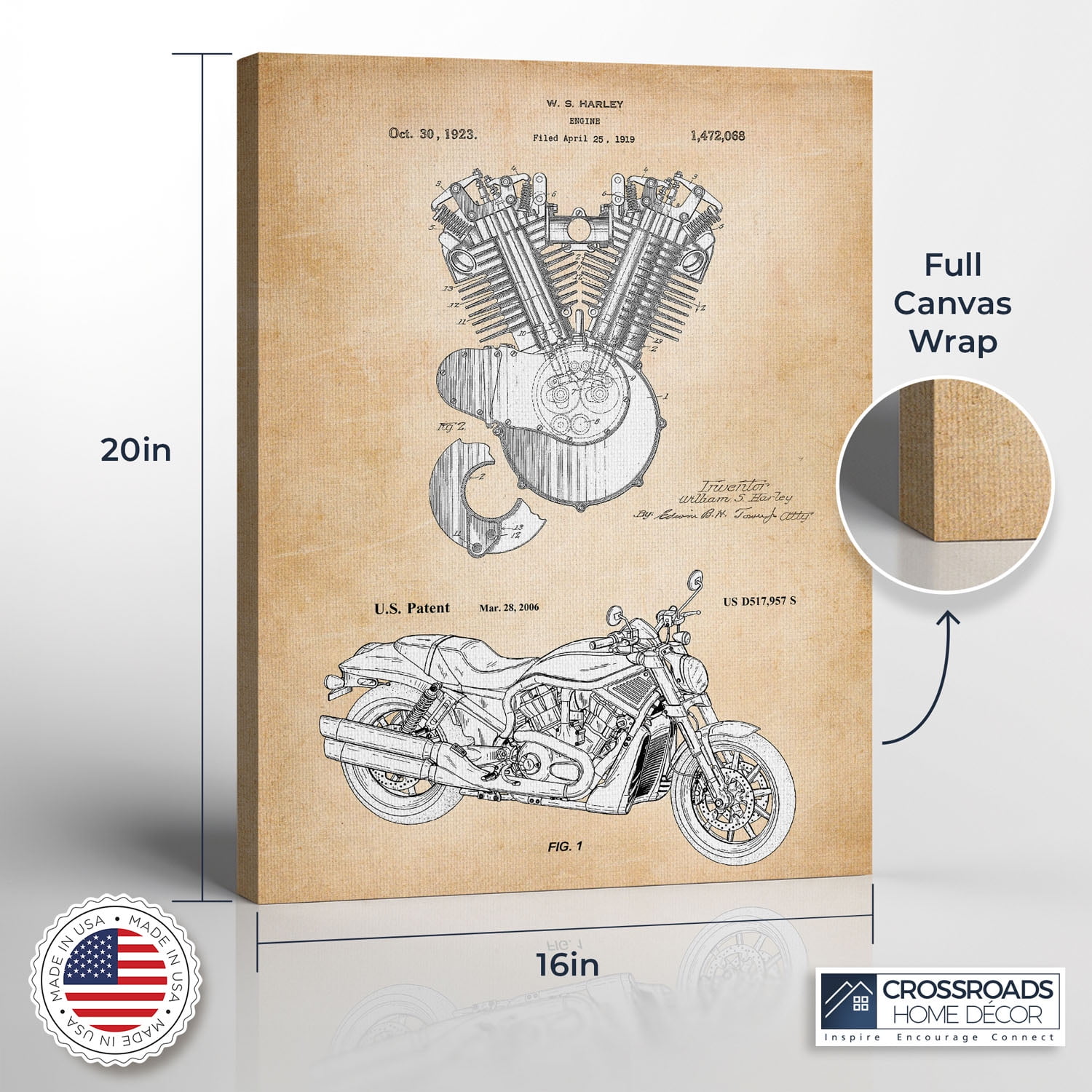 Vintage Harley Davidson Engine and Motorcycle Patent Canvas Frame, Harley Davidson Decor, Harley Davidson Gifts for Men, Motorcycle Art, Motorcycle Picture Frame,16x20