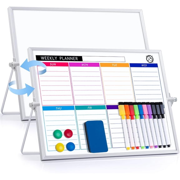 Dry Erase White Board with Stand, 12" x 16" Weekly Double-Sided Desktop Whiteboard 10 Markers, 4 Magnets, 1 Eraser, Portable Magnetic Dry Erase Calendar for Planning, to Do List, Memo, School