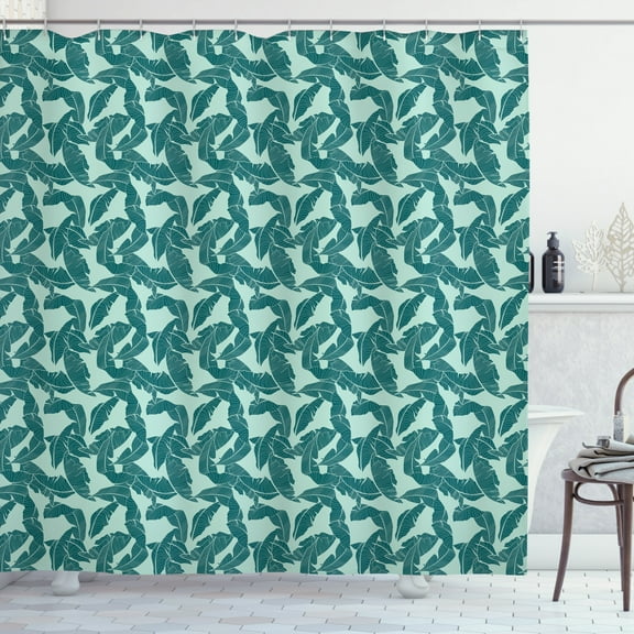 Hawaii Shower Curtain, Abstract Palm Leaves Pattern Exotic Caribbean Environment Simple Foliage, Fabric Bathroom Set with Hooks, 69W X 75L Inches Long, Almond Green and Teal, by Ambesonne