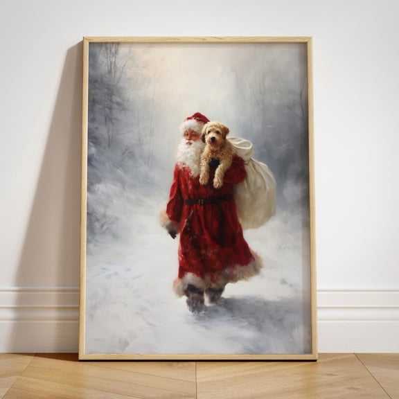 Santa Claus Goldendoodle Art Poster: Winter Forest Snowfall Decor, Doodle Dog, Unframed Poster Size 8x12
