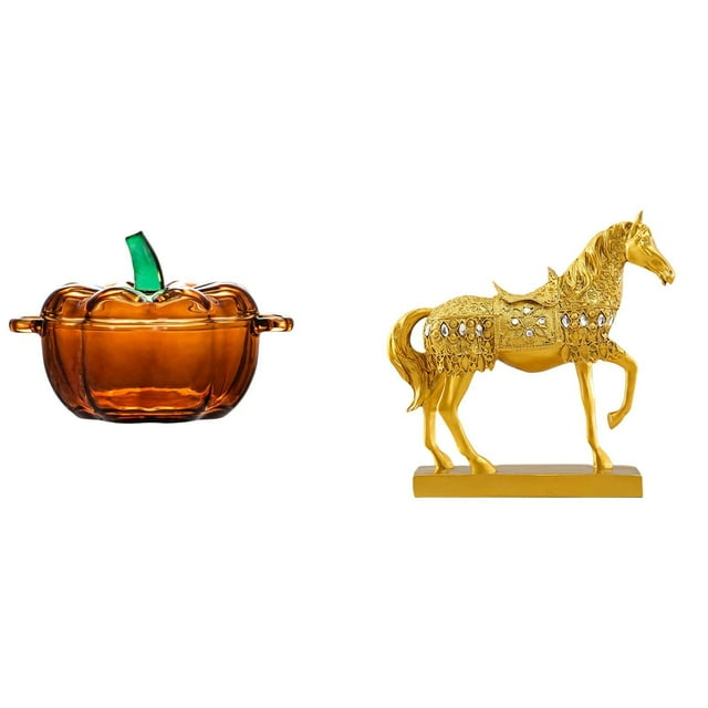 Plato De Dulces De Cristal Con Forma De Calabaza Con Tapa Y Figura De Caballo, Escultura De Resina, Tarro De Galletas, Estatua De Animal Naranja Para Decoración Del Hogar Y La Oficina.