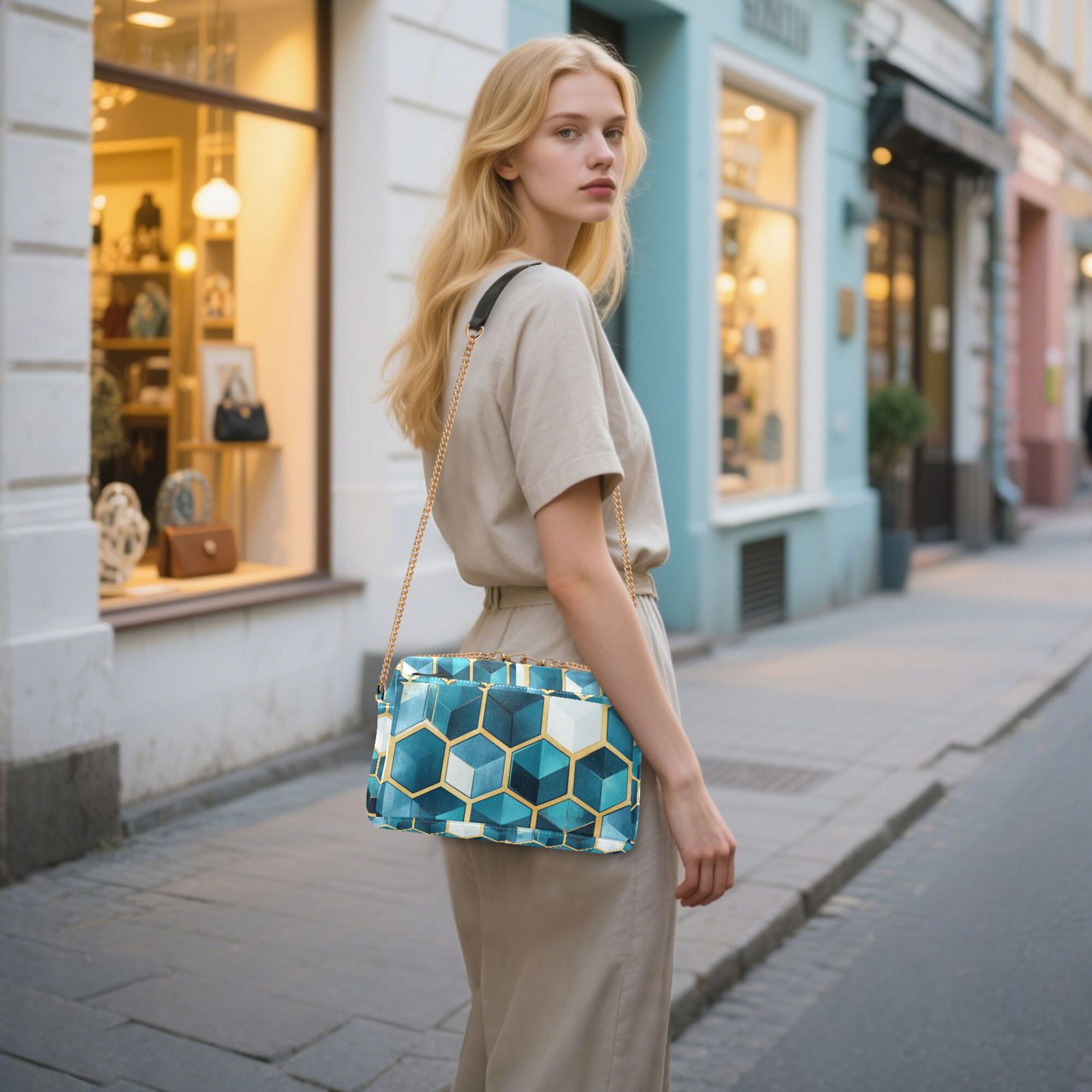 FORMRS Women Crossbody Purse with Chain Strap Vegan Leather Shoulder Handbag, Light Blue Geometric Pattern