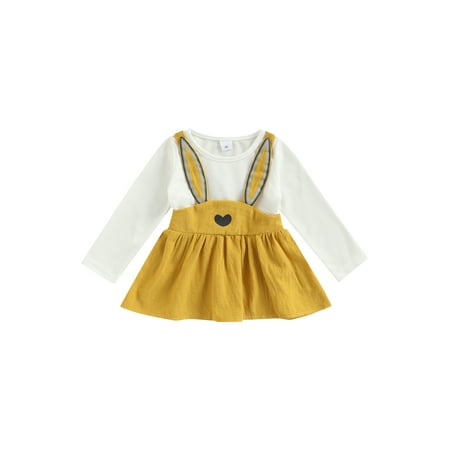 

Suanret Toddlers Baby Girl Long Sleeve Cartoon Bunny Ears Pleated Dress Sweet Spring Clothing Yellow 3-4 Years
