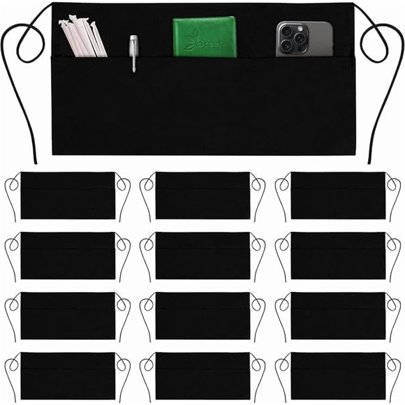 GREEN LIFESTYLE Server Aprons with 3 Pockets - Waist Apron Waitress Apron for Women and Man Water Resistant with Long Waist Strap Reinforced Seams Half Apron (24 Pack - Black)
