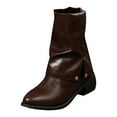 thumbnail image 5 of Mid Calf Fold Over Boots for Women 2025 Fashion Pleated Leather Pointed Toe Chunky Heel Slouchy Short Boots Brown Size 6.5, 5 of 6