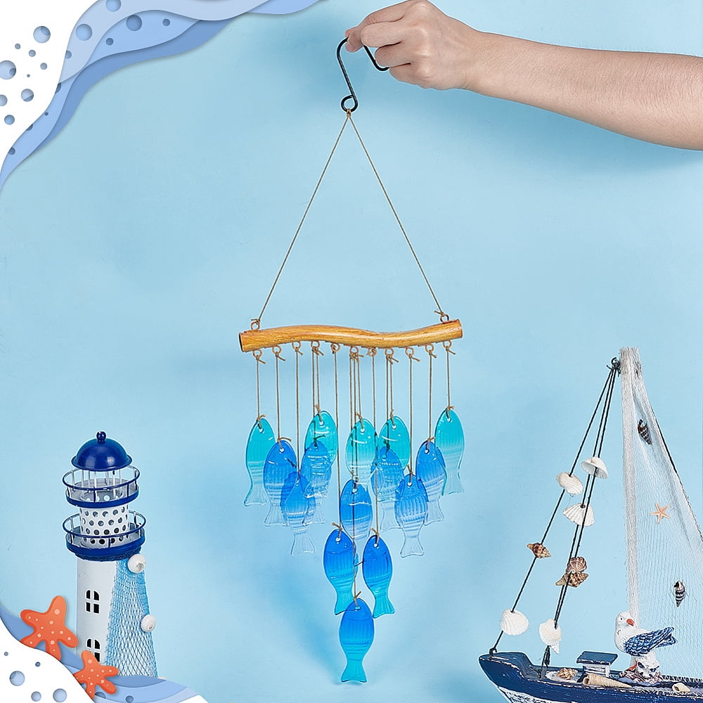 Glass Fish Tassel Wind Chimes with Iron Hook for Window Outdoor Garden Decor Dark Turquoise 550mm DIY