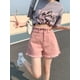thumbnail image 4 of Pantalones cortos de mezclilla rosa para mujer, con borde sin rematar, de cintura alta, sencillos, de estilo japonés, para verano, ropa de calle informal., 4 of 6