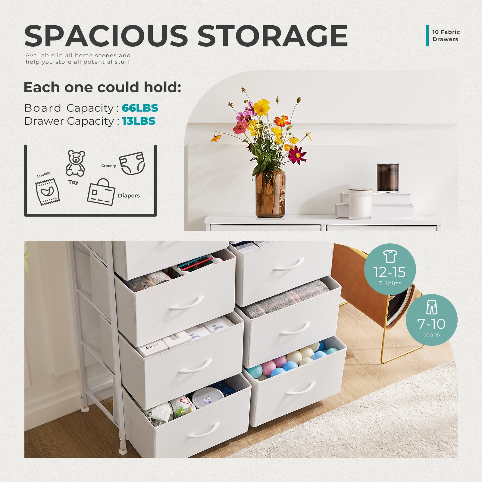 JIOABL 10 Drawer Chest Organizer with Fabric Bins, Dresser for Bedroom, Tall Steel Frame, White