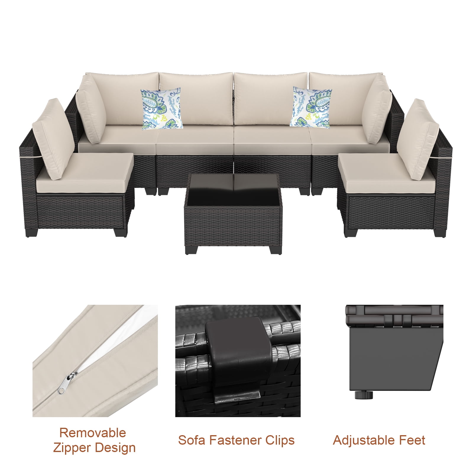 ZXRLHX 7-Piece Wicker Rattan Patio Conversation Set with Steel Frame and Coffee Table, Brown/Beige