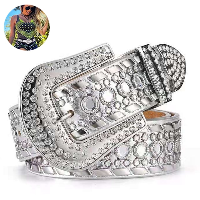 Cinturón de diamantes de imitación para mujer, cinturón de cuero con tachuelas brillantes de vaquera para pantalones vaqueros, color blanco