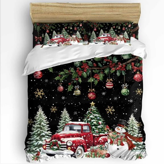Christmas Truck King Size Comforter Set, Snowman Tree Balls Gifts Winter Snowflakes Black Bedding for All Seasons, 4 Pcs Bed Set with 1Comforter (90"x106") ,1 Sheet(94"x116"), 2 Pillowcases (19"x35")