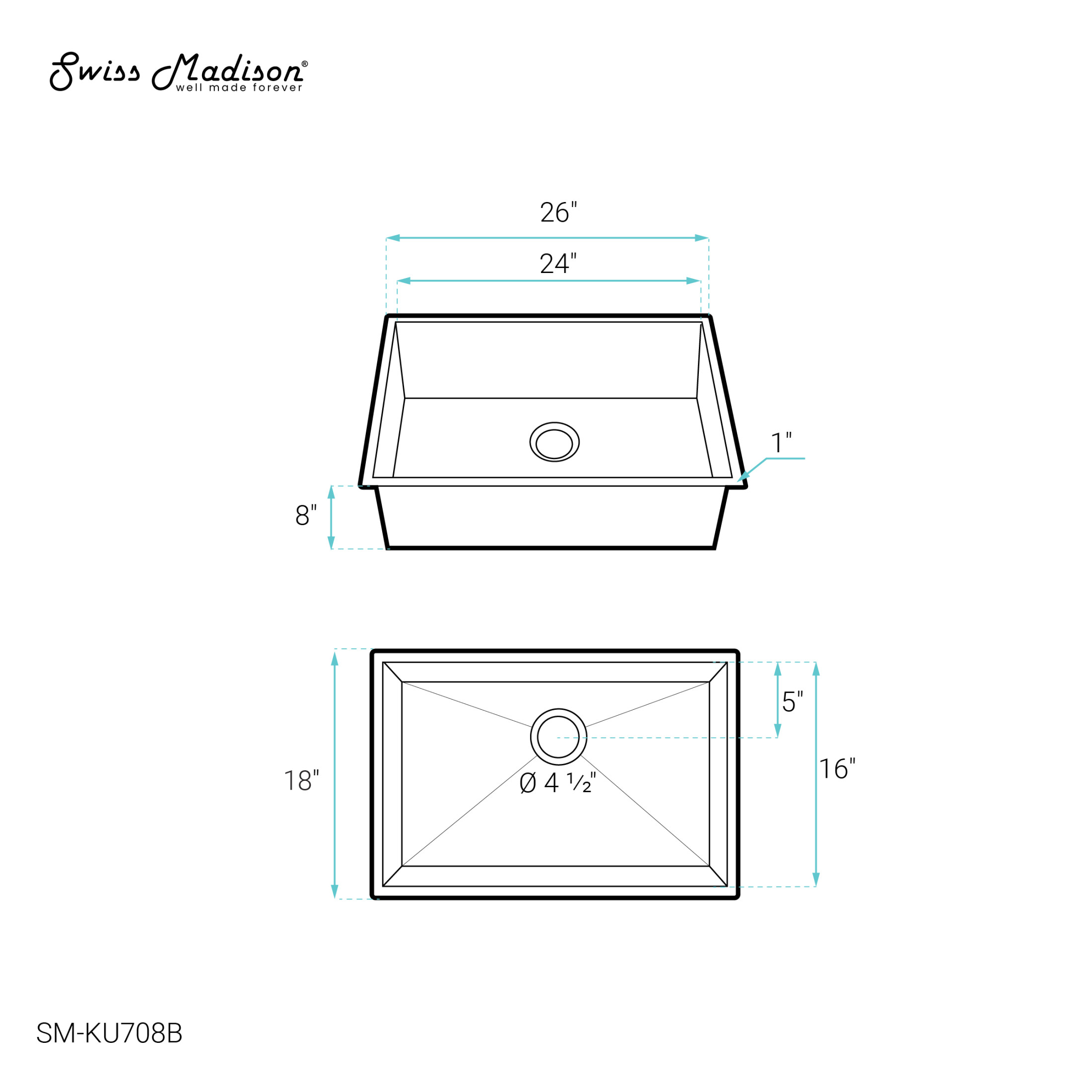Tourner 26 x 18 Stainless Steel, Single Basin, Undermount Kitchen Sink, Black