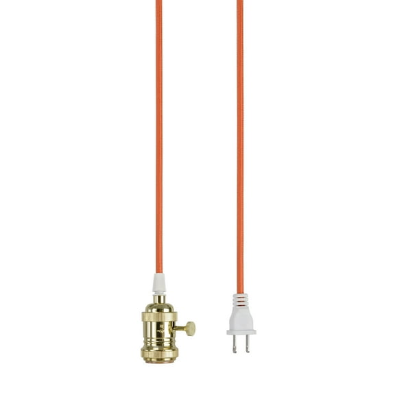 Aspen Creative 21007-3, 1-Light Plug-in Vintage Style Hanging Socket Pendant Fixture with Polished Brass Socket, 20 feet of Orange Textile Cord and On/Off Switch
