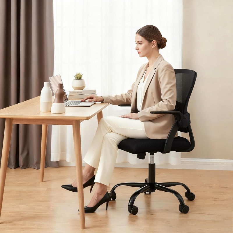 Simenmax Ergonomic Office Chair, Home Desk Computer Mesh Chair with Flip-Up Arms, Breathable Mid Back Chair for Small Spaces, Black