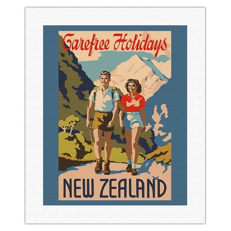 New Zealand - Carefree Holidays - Mountain Hiking - Vintage Travel Poster c.1930 - Fine Art Rolled Canvas Print 16in x 20in