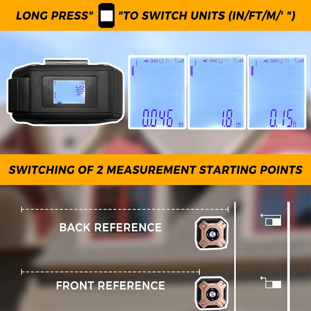 2-in-1 Laser Tape Measure, 197Ft Laser Rangefinder & 16Ft/5m Magnetic Self-Locking Tape with 6 Measurement Modes, Rechargeable Backlit LCD, Belt Clip for Construction DIY Home Renovation
