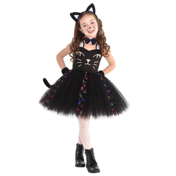 Tisuna Girl'S Halloween Dress Graphic Print Sleeveless Suspender Dresses With Headband, Tail Comfortable Girls Halloween Theme Party Dress Size 6-7 Years Black