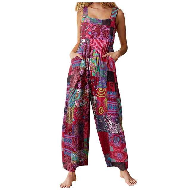 Femmes de Style Ethnique Patchwork Vintage Imprimé Boutons Bretelles Combinaison